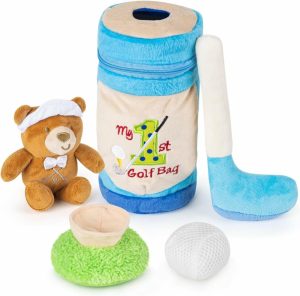 Abakuser | Babys golfklubber Baby Golf Plush Set, 9″ Min første golfbag spillsett Utviklings- og sansese sett med myk golfbag, klubb, ball, tee og teddybjørn