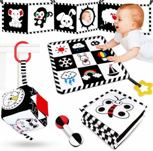 Bilsesestem & vognleker | 4 stk. Baby-leker 0-3 måneder Svart og hvitt høy kontrast Nyfødt-leker – Magetid-leker Montessori-leker for Babyer 0 3 6 9 måneder – Sensory myke bok-leker for Babyer, Jenter, gutter, Baby-gaver