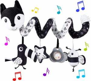 Bilsesestem & vognleker | Bilseset toys  Babybarn Sort rev spiralmyke aktivitetshengende leker for bilsesett vogn bar seng bassinett mobil med musikkboks bb pip og gnyllete (Sort)