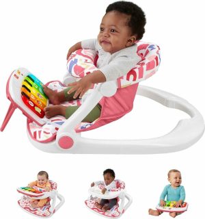 Elektroniske tidlige utviklingsspill | Fisher-Price bærbar babystol Kick & Play Deluxe Sit-Me-Up Set med pianolektoy og snackskuff for barn fra spedbarn til småbarn – rosa