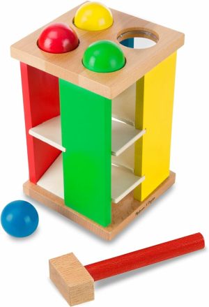 Hammering & Pounding Toys | Deluxe pound and roll wooden tower toy with hammer – pound a ball educational toddler toys wooden pounding bench for ages 2+