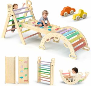 Indendørs klatrere og lekestrukturer | Pikler Treflik Set 7In1 Bølgbar Baby Klatreleke Tre Montessori Klatresett Med Bue&Ramp&Trapp Baby Klatreapparat Innendørs Jungle Gym For Tørringer Montessori Leker – Regnbue