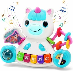 Musikalske leker | Barnetoys 6-12 måneder – Unikkus barnepiano med musikk og lys, babygaver 6-9-12-18 måneder – Barneleker, gamle barnemusikkleker, tidlig utdanning, fødselsdagsgave til 1-årsjenter og -jenter, blå farge