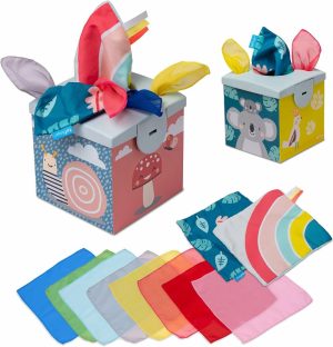 Musikalske leker | Sensory Krinkle Tissue Box for Tots. Stem Montessori-leksil med fargerike myke skjerf og krinklede leker.