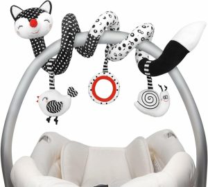 Rattler & Myke Ringer | Euyecety Baby Spiral Plush Toys, sort-hvit rullestolleleke, strekk- og spiralaktivitetsleke, bilseteleker, hengende skjelvleker for kryb, nyfødt sansingsleke, beste gave for 0-3-6-9-12 måneder gamle baby-Fox