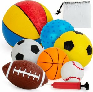 Kuler | Balls For Toddlers 1-3,Barneidrettsspill,Set med 7 barnesokeballer myk skum,barneidrettsballer – fotball,basketball,baseball,rugby,lykkeball,lekeplassindoor/utdoor-gaver,med gratis puter/pose…