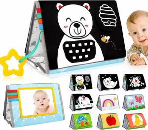 Speil | Tummy Time speil babyleker Babyleker Sort og hvit høy kontrast babykrinkleleker 0-6 måneder med tyggeleie – Montessori nyfødt sansingsleker 0 3 6 9 måneder hjernedanning for babyer