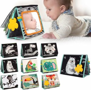 Speil | Tummy Time speil for babyer – Høy kontrastbok med stort stimulerende, trygt speil og silikon tyggis & krinklede sider – Perfekte Tummy Time-leker for babyer 0-3-6-9 måneder