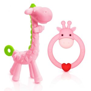 Tannhuggere | Bpa-fri silikon giraffetele for babyer over 3 måneder, med lindring av kløe i tannhuden og babybad. (Rosa)