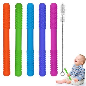 Tannhuggere | Hule tyggetubus leker for barn, jenter, gutter 5-pakke silikon baby tyggeleke tube for spedbarn med amming, tygging, tyggestrenger for småbarn 6-12 måneder (Stil A)