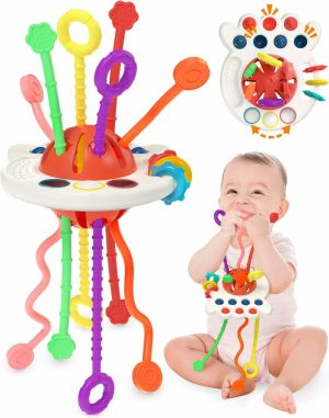 Trykk- og dra-leker | Baby Sensory Montessori-leksil for 6-12-18 måneder, trådstrekk silikon tyggeleksil, fødselsdagsgave reiseleksil for 1-2 år gamle gutt jente babyer 8-9-10 måneder gamle