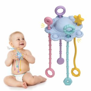 Trykk- og dra-leker | Montesorri-Toys – Trærullespill for baby – laget av 100% matkvalitets silikon med innebygd skjelvfunksjon og lett å rengjøre design (blå)