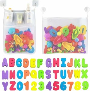 Badeleker | 2 X Mesh Bath Toy Organizer + 6 Ultra Strong Hooks + 36 Bath Letters & Numbers – Eco-Safe, morsom og lærerik skumbokstaver og perfekt leketøyslåring for babybadetøy og mer